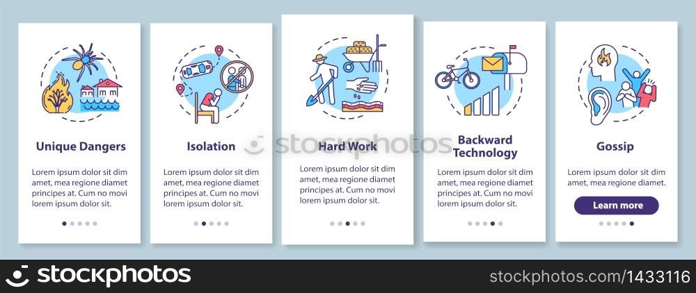 Village life disadvantages onboarding mobile app page screen with concepts. Living conditions in countryside walkthrough 5 steps graphic instructions. UI vector template with RGB color illustrations. Village life disadvantages onboarding mobile app page screen with concepts