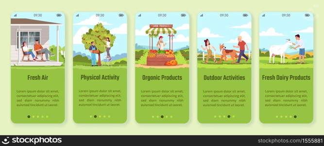 Village lifestyle onboarding mobile app screen vector template. Physical activity, fresh air. Farmers market. Walkthrough website steps with flat characters. Smartphone cartoon UX, UI, GUI. Village lifestyle onboarding mobile app screen vector template