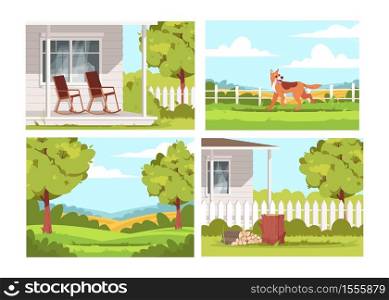Village lifestyle semi flat vector illustration set. Villa patio with empty armchairs. Dog play outside ranch. Scenic greenery. Farmhouse 2D cartoon landscape collection for commercial use. Village life style semi flat vector illustration set
