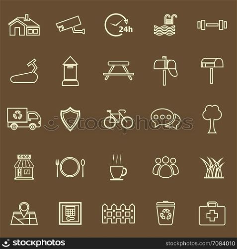 Village line color icons on brown background, stock vector