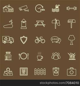 Village line color icons on brown background, stock vector