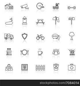 Village line icons with reflect on white background, stock vector