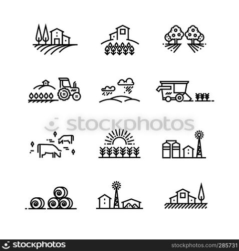 Village line landscapes with agricultural field and farm buildings. Linear farming vector concepts. Farmland and field, illustration of agriculture garden and plantation. Village line landscapes with agricultural field and farm buildings. Linear farming vector concepts
