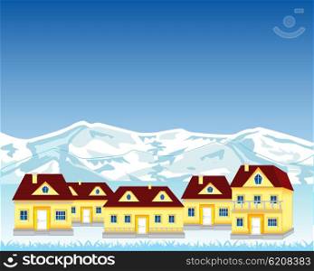 Village misplaced in mountain. Small village on background of the snow mountains in winter