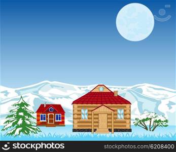 Village on background of the snow mountains. Vector illustration of a winter night village at the mountains