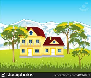Village on nature. The Lodges in rural terrain on nature.Vector illustration