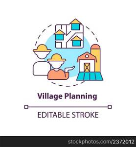 Village planning concept icon. Rural areas development. Social planning example abstract idea thin line illustration. Isolated outline drawing. Editable stroke. Arial, Myriad Pro-Bold fonts used. Village planning concept icon