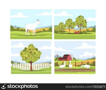 Village scenes semi flat vector illustration set. Milk goat standing near fence. Apple tree. Grape harvest. Geese feeding on ranch. Farmland 2D cartoon landscape collection for commercial use. Village scenes semi flat vector illustration set