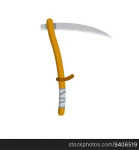 Village scythe. Wooden tool with blade. Mowing grass. Symbol of the rural harvest. Cartoon flat illustration on white background. Village scythe. Wooden tool with blade.