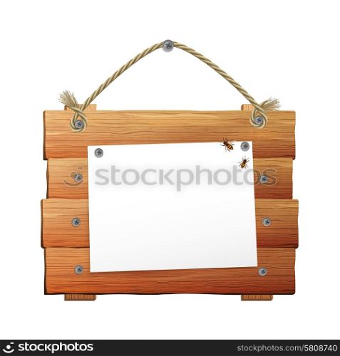 Village style wooden sign with blank paper sheet hanging on rope isolated on white background vector illustration. Wooden Sign With Rope