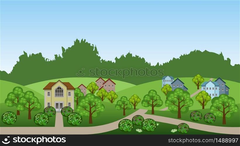 Village summer landscape scene. Cartoon background with town houses, hills, trees and bushes, can be used in game asset. Horizontally seamless, vector illustration