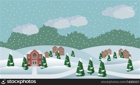 Village winter Christmas landscape scene. Cartoon background with town houses, hills and conifer trees in snow, can be used in game asset. Horizontally seamless, vector illustration