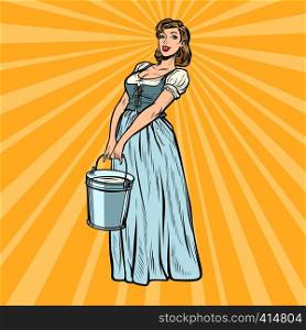 village woman with a bucket of water. Pop art retro vector illustration vintage kitsch 50s 60s. village woman with a bucket of water
