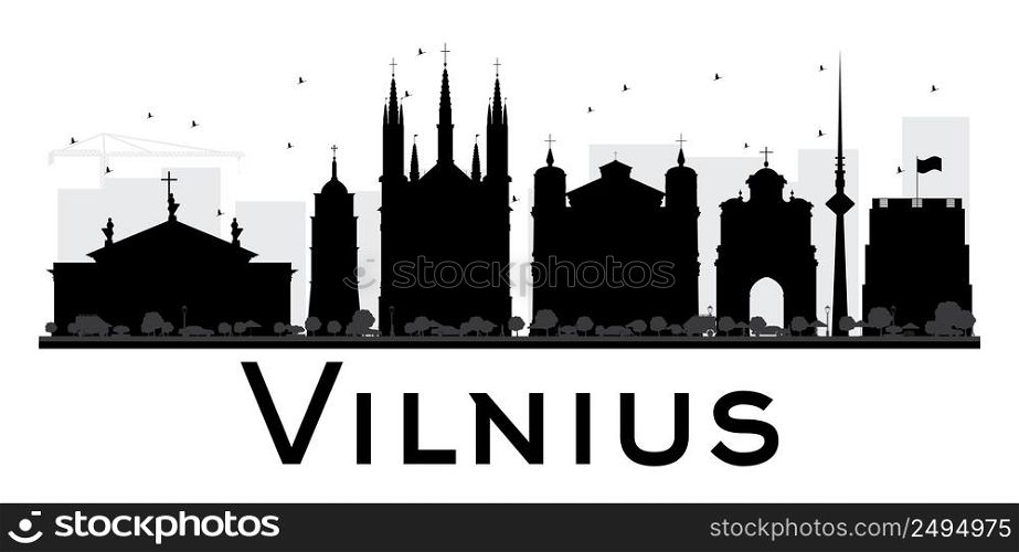 Vilnius City skyline black and white silhouette. Vector illustration. Simple flat concept for tourism presentation, banner, placard or web site. Business travel concept. Cityscape with landmarks