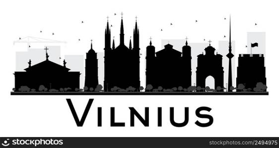 Vilnius City skyline black and white silhouette. Vector illustration. Simple flat concept for tourism presentation, banner, placard or web site. Business travel concept. Cityscape with landmarks