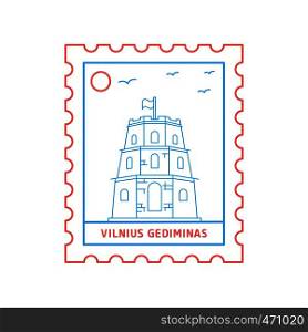 VILNIUS GEDIMINAS postage stamp Blue and red Line Style, vector illustration