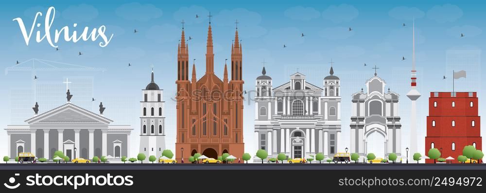 Vilnius Skyline with Gray Landmarks and Blue Sky. Vector Illustration. Business Travel and Tourism Concept with Historic Buildings. Image for Presentation Banner Placard and Web Site.