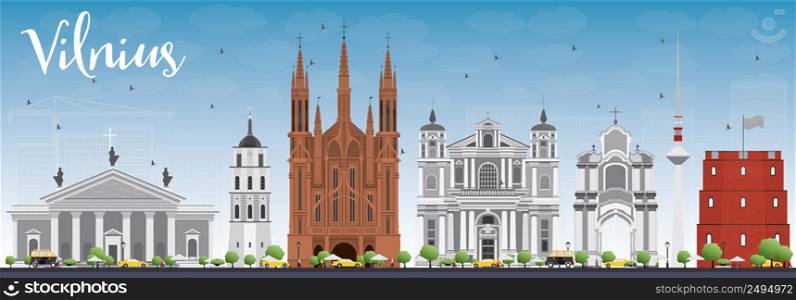 Vilnius Skyline with Gray Landmarks and Blue Sky. Vector Illustration. Business Travel and Tourism Concept with Historic Buildings. Image for Presentation Banner Placard and Web Site.