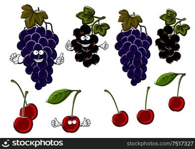 Vine of delicious violet grapes, ripe sweet cherries and healthful black currants fruits cartoon characters with green leaves and funny faces. Use as fruit dessert recipe or juice packaging design. Cartoon grapes, cherries, black currants fruits