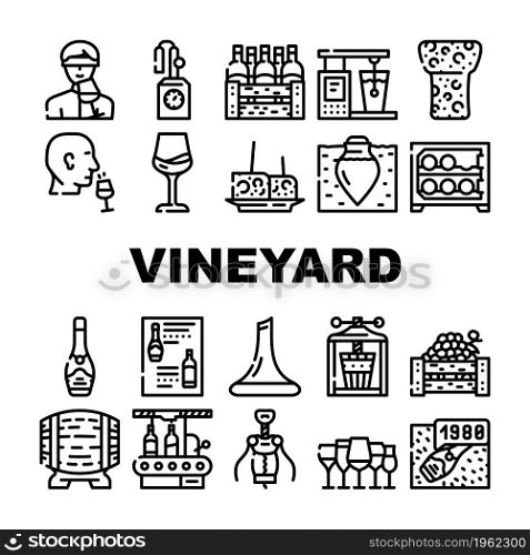 Vineyard Production Alcohol Drink Icons Set Vector. Wine Glasses With Different Taste Beverage, Fridge And Wooden Barrel, Cork And Corkscrew Tool, Vineyard Manufacturing Contour Illustrations. Vineyard Production Alcohol Drink Icons Set Vector