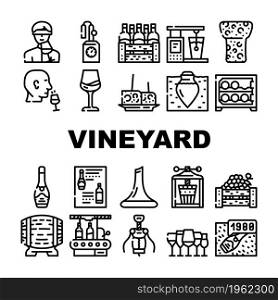 Vineyard Production Alcohol Drink Icons Set Vector. Wine Glasses With Different Taste Beverage, Fridge And Wooden Barrel, Cork And Corkscrew Tool, Vineyard Manufacturing Contour Illustrations. Vineyard Production Alcohol Drink Icons Set Vector