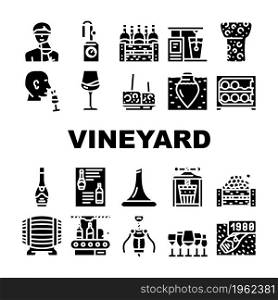 Vineyard Production Alcohol Drink Icons Set Vector. Wine Glasses With Different Taste Beverage, Fridge And Wooden Barrel Cork And Corkscrew, Vineyard Manufacturing Glyph Pictograms Black Illustrations. Vineyard Production Alcohol Drink Icons Set Vector