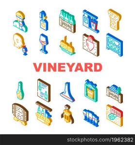 Vineyard Production Alcohol Drink Icons Set Vector. Wine Glasses With Different Taste Beverage, Fridge And Wooden Barrel, Cork And Corkscrew Tool, Vineyard Isometric Sign Color Illustrations. Vineyard Production Alcohol Drink Icons Set Vector