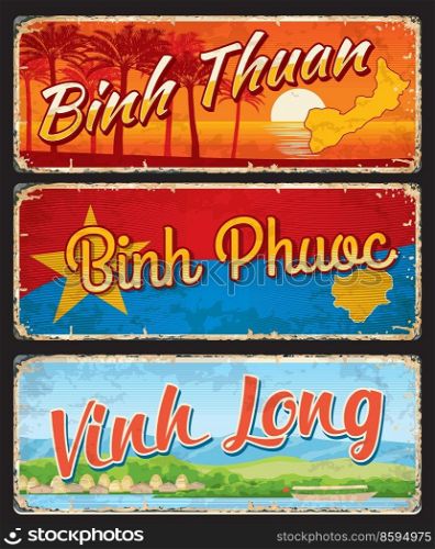 Vinh Long, Binh Phuoc, Binh Thuan vietnamese provinces vector travel plates and stickers. Map silhouettes and flag of Vietnam regions, Mui Ne beach landscape, palms, cityscape, junk boat and canal. Vinh Long, Binh Phuoc, Binh Thuan provinces plates