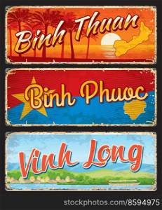 Vinh Long, Binh Phuoc, Binh Thuan vietnamese provinces vector travel plates and stickers. Map silhouettes and flag of Vietnam regions, Mui Ne beach landscape, palms, cityscape, junk boat and canal. Vinh Long, Binh Phuoc, Binh Thuan provinces plates