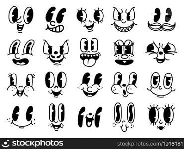 Vintage 50s cartoon and comic happy facial expressions. Old animation funny face caricatures. Retro quirky characters smile emoji vector set. Cute avatars with big eyes, cheeks and mouth. Vintage 50s cartoon and comic happy facial expressions. Old animation funny face caricatures. Retro quirky characters smile emoji vector set