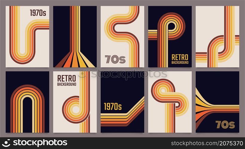 Vintage 70s geometric posters, abstract retro stripes backgrounds. Minimalist 1970s style color lines print or poster template vector set. Flowing wavy colorful paths for album cover. Vintage 70s geometric posters, abstract retro stripes backgrounds. Minimalist 1970s style color lines print or poster template vector set