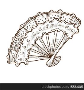 Vintage accessory retro fan with lace and wooden handle vector isolated sketch female old-fashioned item with cooling effect souvenir fabric, or textile folding item monochrome drawing garment. Retro fan vintage accessory with lace and wooden handle