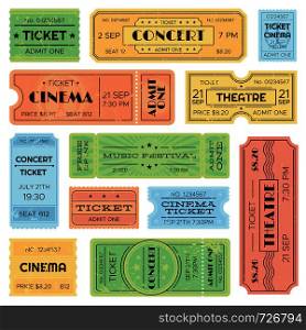 Vintage admitted cinema, music festival pass, train ticket. Isolated colorful yellow red green blue grunge amusement admission tickets template vector set. Vintage admitted cinema, music festival pass, train ticket. Isolated amusement admission tickets vector set