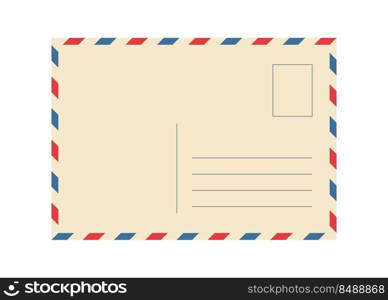 Vintage airmail postcard back template with diagonal blue and red stripe. Travel post card blank backside. Air mail envelope frame with postage place. Vector illustration isolated on white background.. Vintage airmail postcard back template with diagonal blue and red stripe. Travel post card blank backside. Air mail envelope frame with postage place. Vector illustration isolated on white background