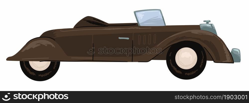Vintage american car, isolated icon of black cabriolet with open top. Sports vehicle, cool old fashioned automobile. Expensive and luxurious transport, showroom in shop or store. Vector in flat style. Old retro automobile, vintage american car vector