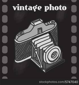 Vintage analog photo camera on film background retro poster vector illustration