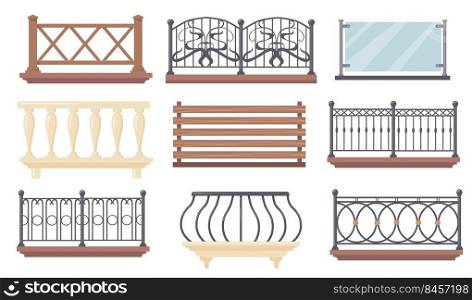 Vintage and modern balcony railings vector illustrations set. Iron, wooden or glass fences with balusters, banisters for terrace isolated on white background. Architecture, exterior design concept