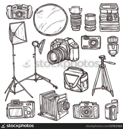 Vintage and modern camera photo equipment sketch decorative icons set isolated vector illustration
