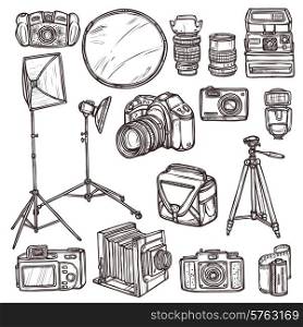 Vintage and modern camera photo equipment sketch decorative icons set isolated vector illustration