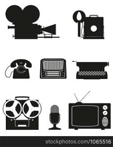 vintage and old art equipment set icons black silhouette video photo phone recording tv radio writing vector illustration isolated on white background
