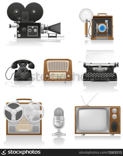 vintage and old art equipment set icons video photo phone recording tv radio writing vector illustration isolated on white background