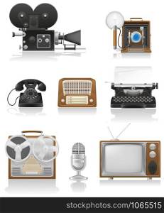 vintage and old art equipment set icons video photo phone recording tv radio writing vector illustration isolated on white background