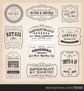 Vintage And Old-Fashioned Labels And Signs. Illustration of retro and vintage hand-drawn business labels and signs, including ancient fonts, with old-fashioned seals, badges, certificates and sales tickets