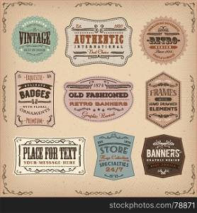 Vintage And Old-Fashioned Labels Ans Signs. Illustration of a set of retro and vintage business labels and signs, including seals, badges, certificates and sales tickets, with grunge texture
