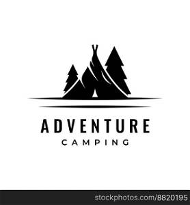 Vintage and retro outdoor c&ing or c&ing tent logo.With tent sign, trees and c&fire.C&ing for adventurers, scouts, climbers.