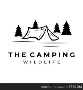 Vintage and retro outdoor camping or camping tent logo.With tent sign, trees and campfire.Camping for adventurers, scouts, climbers.