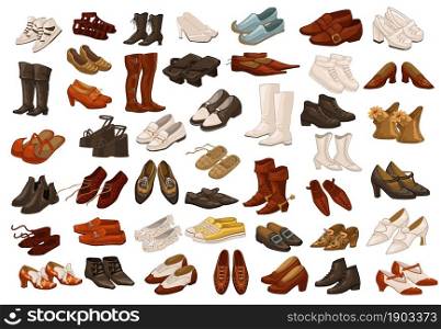 Vintage and retro shoes for men and women, isolated pairs of footwear for ladies and gentlemen. Boots for winter and autumn, japanese and indian design, apparel and outfits. Vector in flat style. Male and female shoes, vintage and retro boots