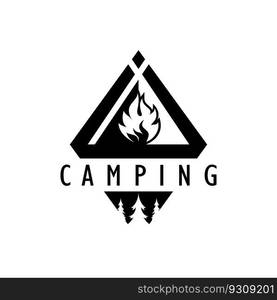 vintage and retro tent logo, c&ing. With tent, tree and bonfire sign. adventurers, scouts, climbers, c&ing equipment center