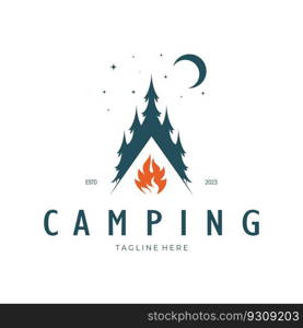 vintage and retro tent logo, c&ing. With tent, tree and bonfire sign. adventurers, scouts, climbers, c&ing equipment center