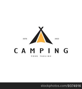 vintage and retro tent logo, c&ing. With tent, tree and bonfire sign. adventurers, scouts, climbers, c&ing equipment center